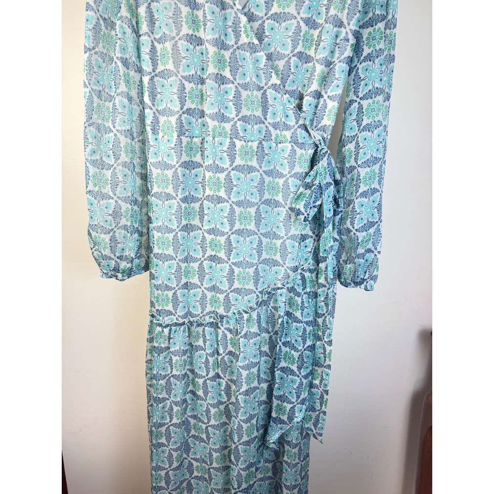 Lovestitch Teal Blue Geometric Floral Print Wrap Maxi Dress Long Sleeve L Sheer - Picture 7 of 16